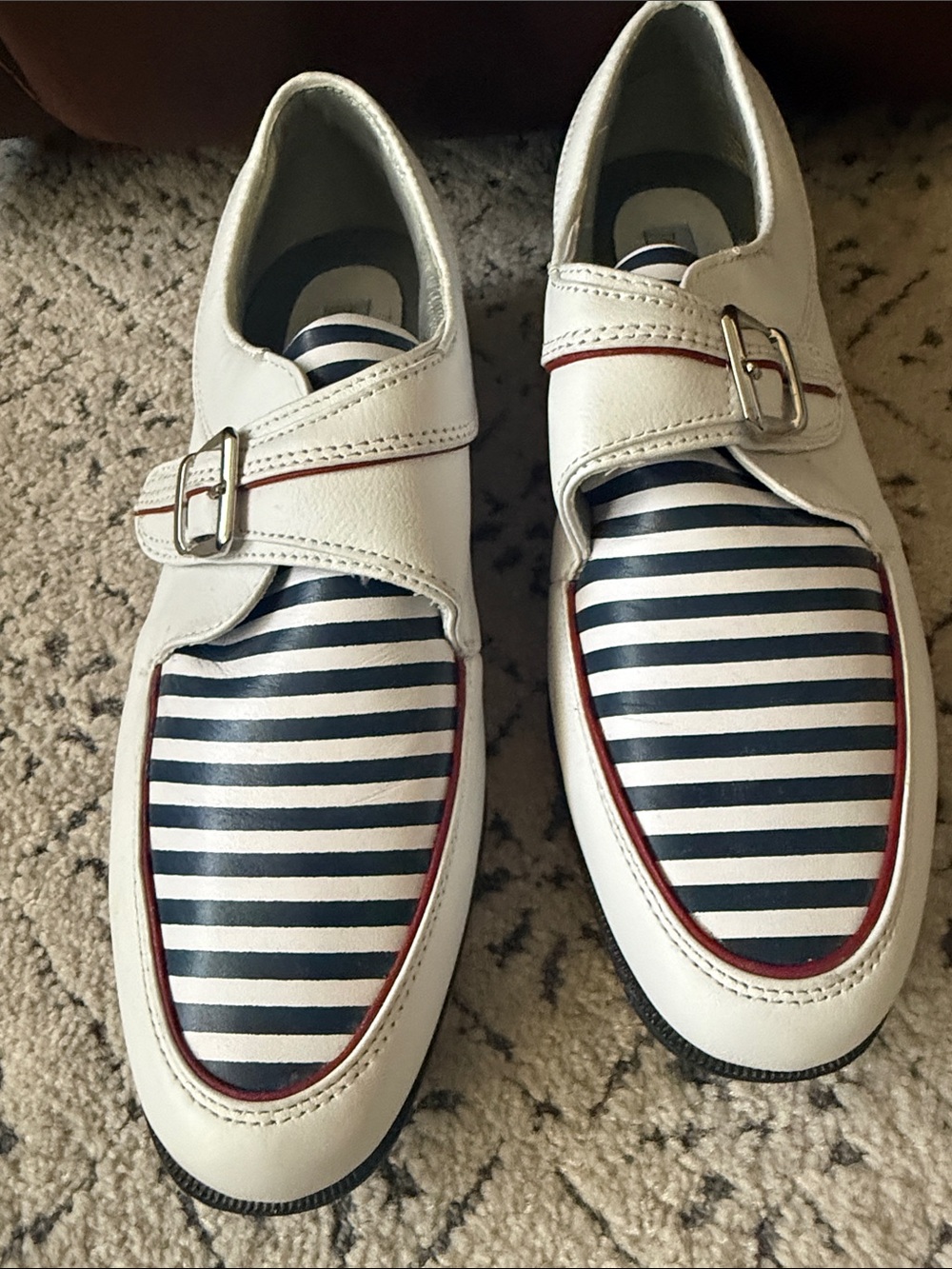 FootJoy White Loafers with Navy Striped Vamp and Red Trim-Never Worn